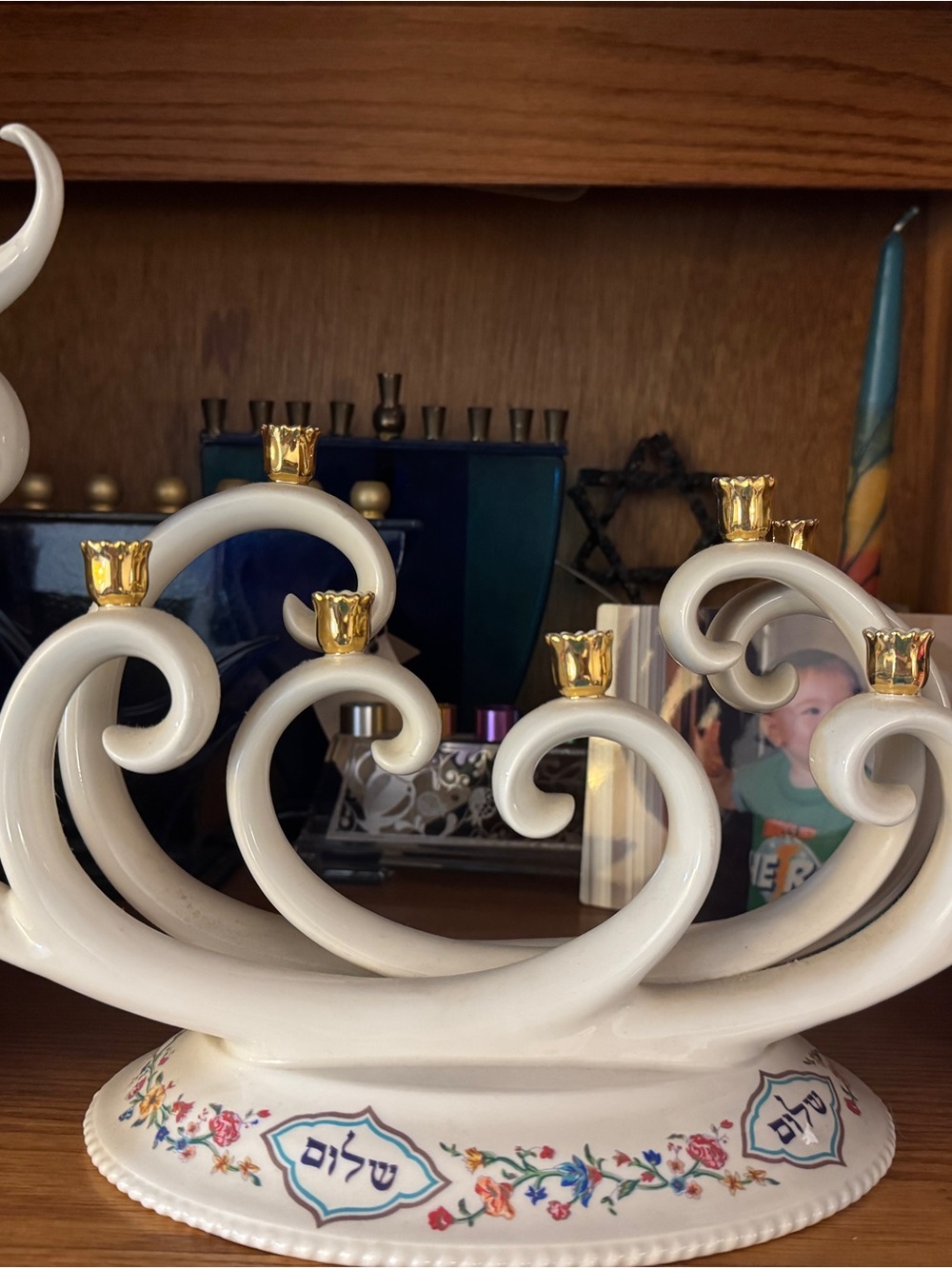 Lenox White Ceramic Menorah with Gold Candle Cups and Floral Trim